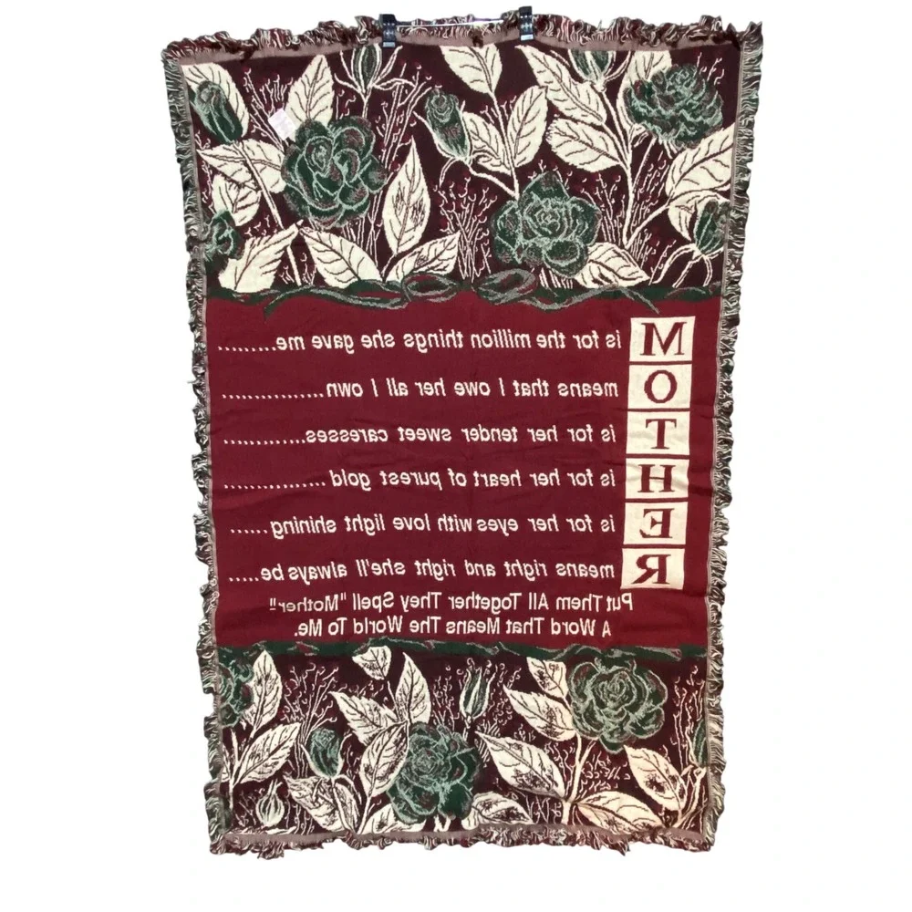 Vintage Chatham Cotton Classics Mother Poem Woven Tapestry Throw Blanket Rose